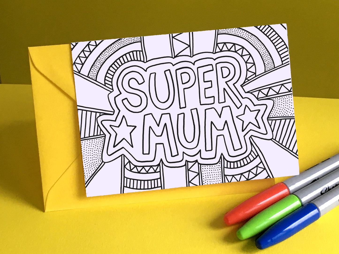 SUPER MUM – Colouring In Greeting Card